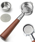 Stainless steel 54 mm bottomless espresso portafilter with a rosewood handle; includes filter basket and puck screen.