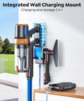 Installed view of Inteture cordless vacuum mounted on wall-charging station with attachments.