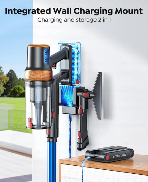 Installed view of Inteture cordless vacuum mounted on wall-charging station with attachments.