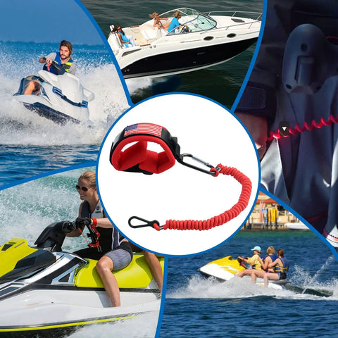 Montage of Premium Boat Kill Switch Lanyard With Big Wrist Strap and use on various watercraft.