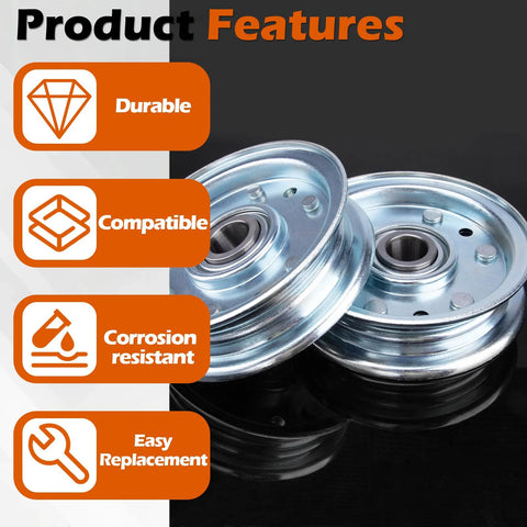 Two chrome-finished metal mower idler pulleys, 2-pack, angled view with bearing holes