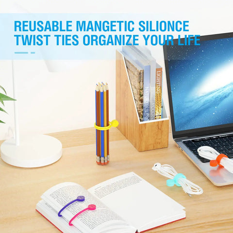 Reusable Magnetic Silicone Cable Ties 9 Inch Twist Ties organizing desk items, books, and cables on a workspace.