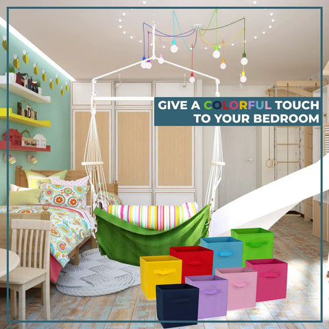 Eight Pack 11 Inch Rainbow Cube Storage Bins For Playroom Kids Room Nursery Closet Organization shown in colorful bedroom