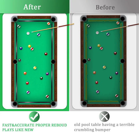 Comparison of pool tables before and after using 8 Foot Pool Table Bumpers Set Of 6 With Cushion Facings For Billiard Rails, showing improved rebound.