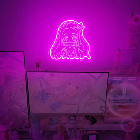 Kamado Nezuko Neon Sign Handmade Anime LED Night Light For Bedroom Wall Decor Pink 12x12 Inches on bedroom wall