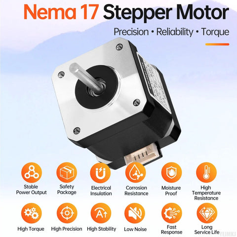 Angled front view of YEJMKJ Nema 17 stepper motor, 42x40mm, 4-wire bipolar with protruding shaft