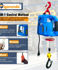 Rock Solid Bigorenda 3 In 1 Electric Hoist Winch with manual, wireless, and wired control options, designed for heavy lifting tasks.