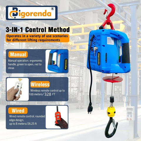 Rock Solid Bigorenda 3 In 1 Electric Hoist Winch with manual, wireless, and wired control options, designed for heavy lifting tasks.