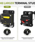 Heavy Duty 50 Amp DC Circuit Breaker With M8 Studs And 6 AWG Lugs showcasing larger terminal studs for reliable installation.
