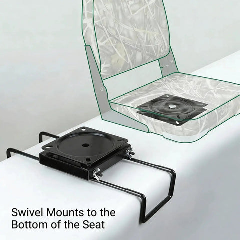 Marine Grade Clamp On Boat Seat Swivel Mount Kit Featuring Tight Grip, showing black mount plate under camouflage chair.