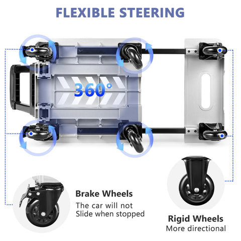 KEDSUM aluminum panel folding hand truck dolly with 6 wheels; 600lb capacity, top-down view