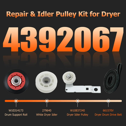 Dryer Repair Kit With W10837240 Idler Pulley for Whirlpool Maytag including drum support roll, idler, pulley, and drive belt
