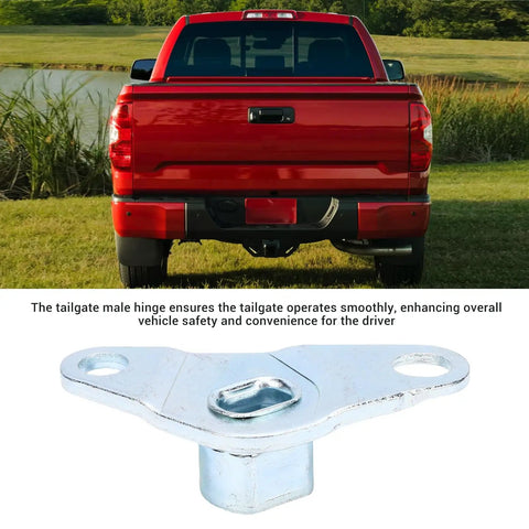 Rear Right Tailgate Hinge Replacement for Trucks 2007 to 2020 shown with red truck and silver hinge on grass
