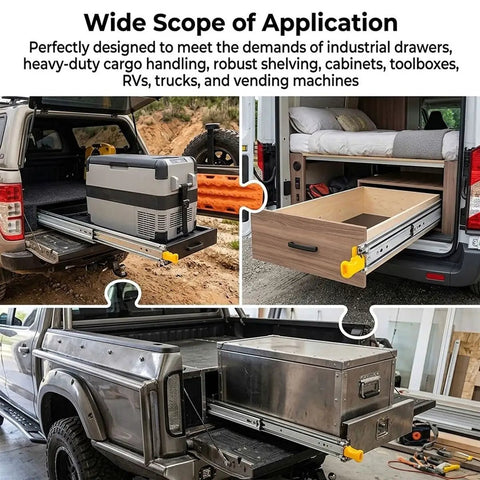 3 Fold Full Extension Drawer Slides With Lock 76mm Wide Side Mount Ball Bearing Rails Heavy Duty 500 Lb Load Capacity Safety Lock For RVs And Tool Boxes Full Extension Cabinet Runners in RV, toolbox, and cabinet settings.
