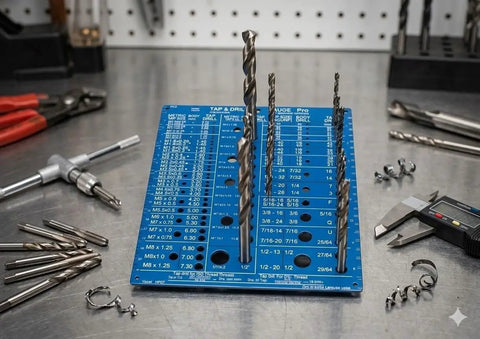 Heavy Duty Stainless Steel Tap And Drill Bit Gauge Laser Engraved Metric And Sae Charts Smooth Blue Pvd Finish on workbench with drill bits.