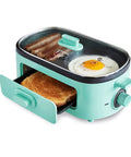 3 In 1 Breakfast Station With Ceramic Nonstick Dual Griddles For Eggs Sausage Bacon Pancakes And Breakfast Sandwiches, 2 Slice Toast Drawer And Easy Timer Turquoise Kitchen Appliance