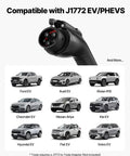 16 Amp Level 1 And Level 2 EV Charger SAE J1772 connector shown with compatible vehicles