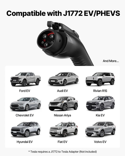 16 Amp Level 1 And Level 2 EV Charger SAE J1772 connector shown with compatible vehicles