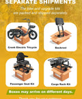 Creek Electric Tricycle boxed with backrest, passenger seat kit and cargo rack kit shown for separate shipment