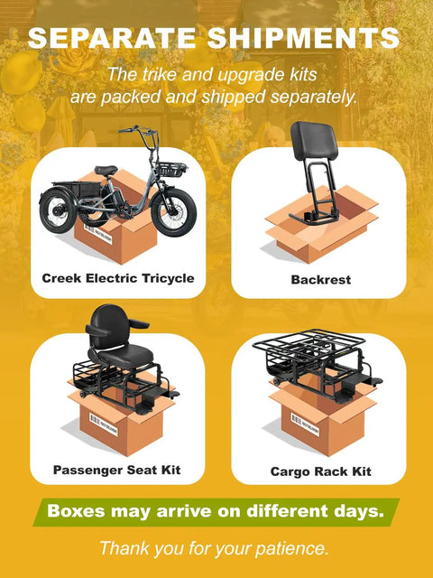 Creek Folding Electric Tricycle For Adults With Basket And Backrest, 1000W Fat Tire Etrike, 20 MPH Top Speed, Up To 80 Miles Range, Three Wheel E Bike, With Reverse, Parking Brake, Differential, Gray shown with separate boxes for trike, backrest, passenger seat and cargo rack kits