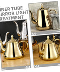 Top Shelf Stainless Steel Kettle With Extended Spout For Smooth Pours Heat Resistant Bottom Works Great On Gas Stove And Induction Cooker Go To Coffee Gear with golden finish and dripless spout.