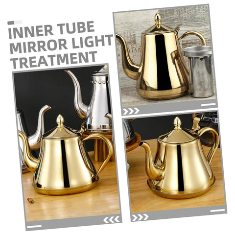 Top Shelf Stainless Steel Kettle With Extended Spout For Smooth Pours Heat Resistant Bottom Works Great On Gas Stove And Induction Cooker Go To Coffee Gear with golden finish and dripless spout.