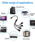Diagram showing a Three Prong To Four Way Power Cord Splitter 20 Inch Heavy Duty Extension Cord with four outlets and connected devices.