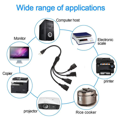 Diagram showing a Three Prong To Four Way Power Cord Splitter 20 Inch Heavy Duty Extension Cord with four outlets and connected devices.
