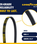 Upgrade Your Ride With This Straight Up Tough Serpentine Belt 4 Rib 53.5 Inch Length Heavy Duty OEM Replacement Fits Ford Escape 2013 2018 2020 2024, showing 4 ribs and Goodyear branding.