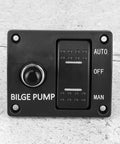 Front view of 3 Way Marine Bilge Pump Panel With LED Indicator Built In 15A Circuit Breaker 12V 24V DC 3 Position Automatic Off Manual Rocker Switch For Boats Boat Accessory Control