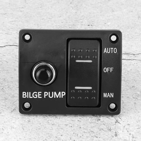 Front view of 3 Way Marine Bilge Pump Panel With LED Indicator Built In 15A Circuit Breaker 12V 24V DC 3 Position Automatic Off Manual Rocker Switch For Boats Boat Accessory Control