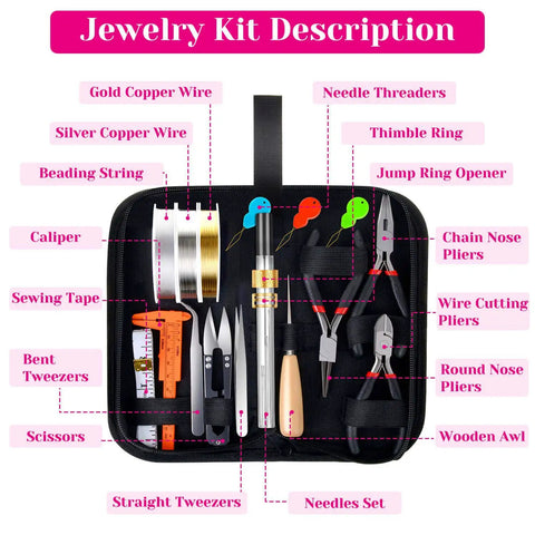 All In One 1857 Pcs Jewelry Making Kit For Adults with tools and wires in black zip pouch