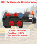 Side view of JAHEZYAN hydraulic solenoid diverter valve, DC12V, SAE ports, 200 Bar max