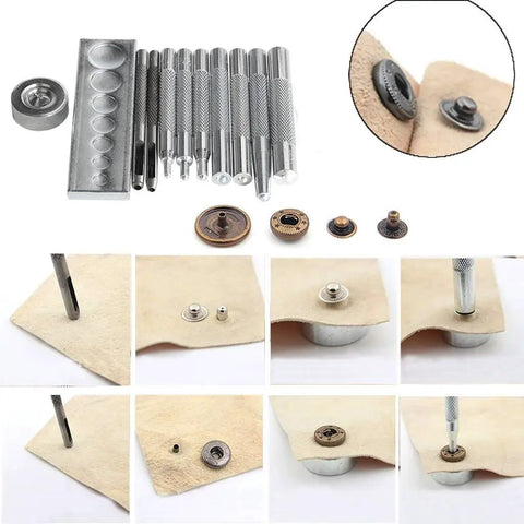 Pro Grade Heavy Duty Die Punch Snap Kit Rivet Setter with Base, tools and demos of punching holes and installing rivets on fabric