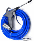 Rock Solid 33 Ft Air Hose With Swift Quick Connects And Mean Machine Industrial Blow Gun Heavy Duty Compressor Line Tough Non Kink Tubing Swivel Tips For Garage Fixes with blue tubing and aluminum blow gun.