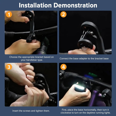 Installation steps for Street Ready Front Bike Light With Garmin Mount For Day And Night Rides showing bracket attachment.