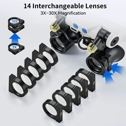 Hands Free LED Magnifier Glasses With 14 Interchangeable Lenses 3X To 15X, Lighted Loupe for jewelry and crafts
