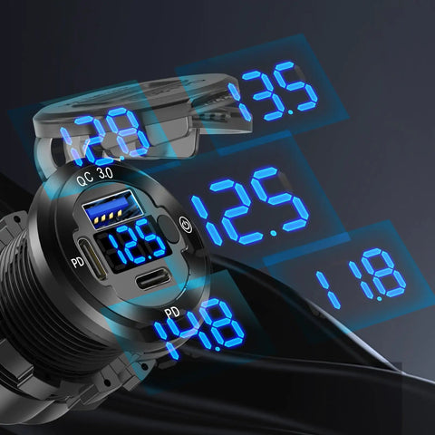 Built Tough All Aluminum 12V USB Car Socket 3-Port Marine Fast Charger Waterproof Cigarette Lighter Outlet With Switch And Voltmeter