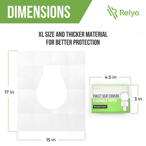 Flushable Toilet Seat Covers On The Go 50 Pack XL for adults and kids potty training, dimensions shown beside pocket pack.