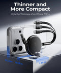 3 In 1 Retractable Car Charger Cable With USB C, Lightning And Micro USB Ports next to iPhone 17 Pro, showcasing compact design