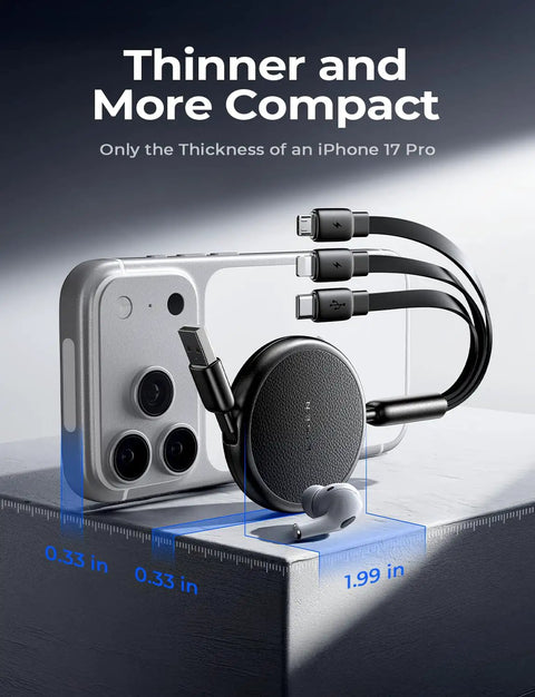 3 In 1 Retractable Car Charger Cable With USB C, Lightning And Micro USB Ports next to iPhone 17 Pro, showcasing compact design