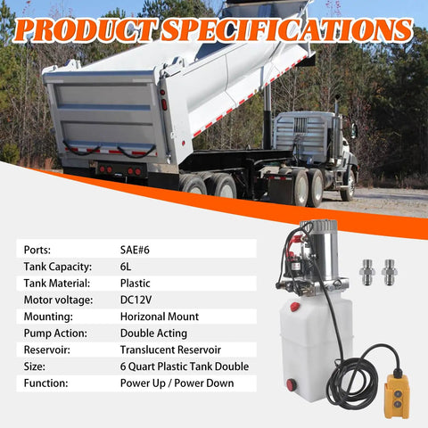 12V Double Acting Electric Hydraulic Pump Power Unit With 6L Tank For Auto Repair And Workhorse Lifting Platforms Or Small Dump Jobs, 6 Quart Plastic Reservoir, Horizontal Mount, SAE6 Ports, Translucent Tank with dump truck in background