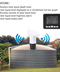 Ultrasonic Water Level Sensor With 3.3 Inch LCD Display Temperature Monitoring Alarm Setting 100m Range For Non Corrosive Liquids In Tanks Industrial Use 10 Segment LCD Bar Graph Readout shown installed on tank