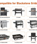 Image of various Blackstone griddles compatible with Grease Cup Liners For Blackstone Griddles 17 22 28 36 Inch Disposable Aluminum Drip Pan Liners Grill Tray Catchers For 28 30 And 36 Inch Trays 30 Pack Easy Cleanup.