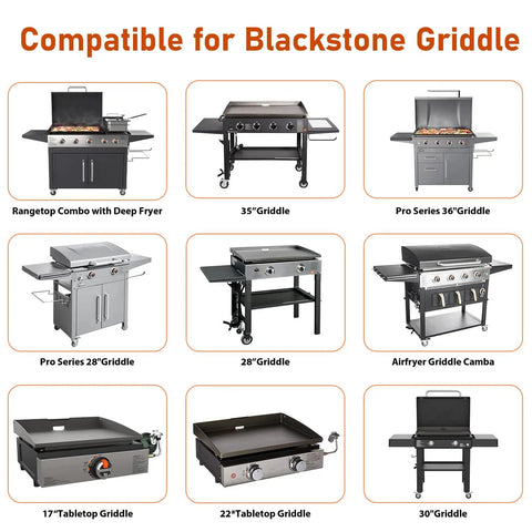 Image of various Blackstone griddles compatible with Grease Cup Liners For Blackstone Griddles 17 22 28 36 Inch Disposable Aluminum Drip Pan Liners Grill Tray Catchers For 28 30 And 36 Inch Trays 30 Pack Easy Cleanup.
