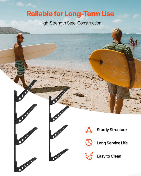 Badass 4 Tier Horizontal Surfboard Wall Mount Rack Adjustable Height Metal Organizer, sturdy black steel construction.