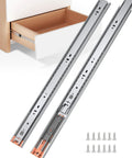 Side Mount Soft Close Drawer Slides 14 Inch 3 Fold Full Extension Heavy Duty Kitchen Cabinet Drawers 10 Pairs Metal Ball Bearing Smooth Quiet Self Closing Glides 100 Lb Capacity installed on a kitchen drawer, with screws