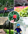 Collage showcasing 50 Foot Automatic Drip Irrigation System Kit For Garden And Greenhouse With Quarter Inch Tubing Atomizing Nozzle