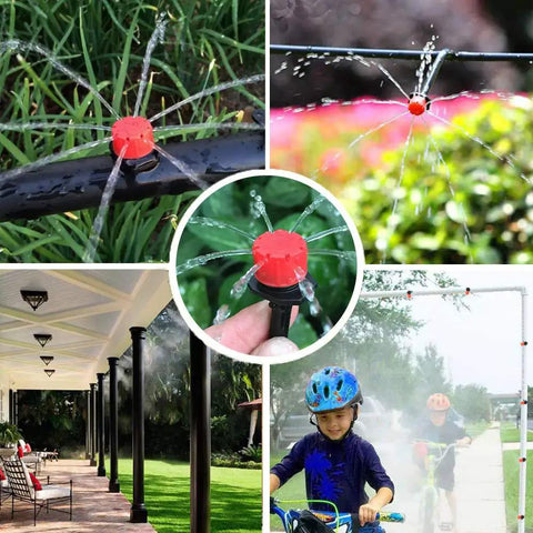Collage showcasing 50 Foot Automatic Drip Irrigation System Kit For Garden And Greenhouse With Quarter Inch Tubing Atomizing Nozzle
