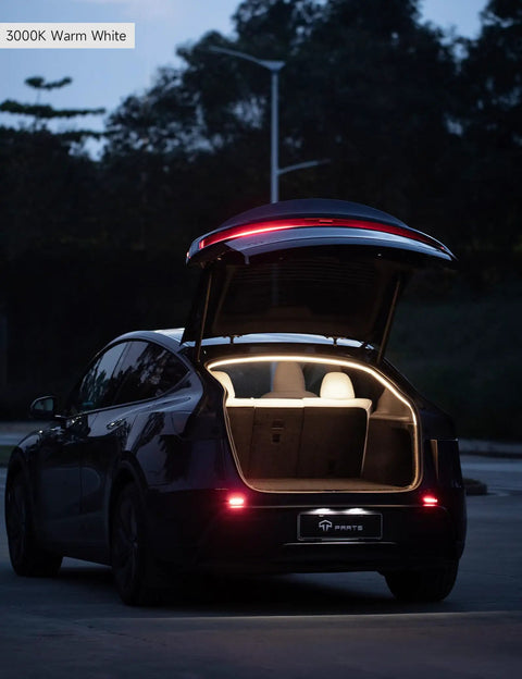 Dual Color Trunk LED Light Strip For Tesla Model Y 2025 2026 Juniper Edition, 3000K Warm White, car trunk lit at night